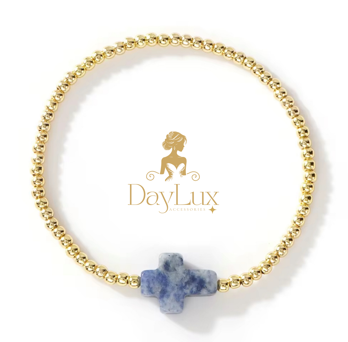 18K Gold-Plated Beaded Bracelet with Natural Stone Cross – 5 Colors Available