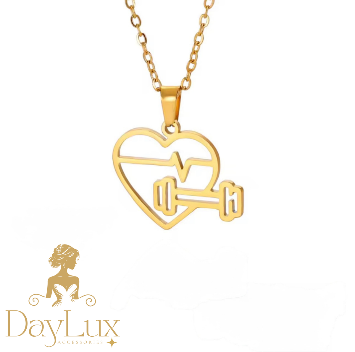 Heart & Dumbbell Fitness Necklace – Gold Stainless Steel