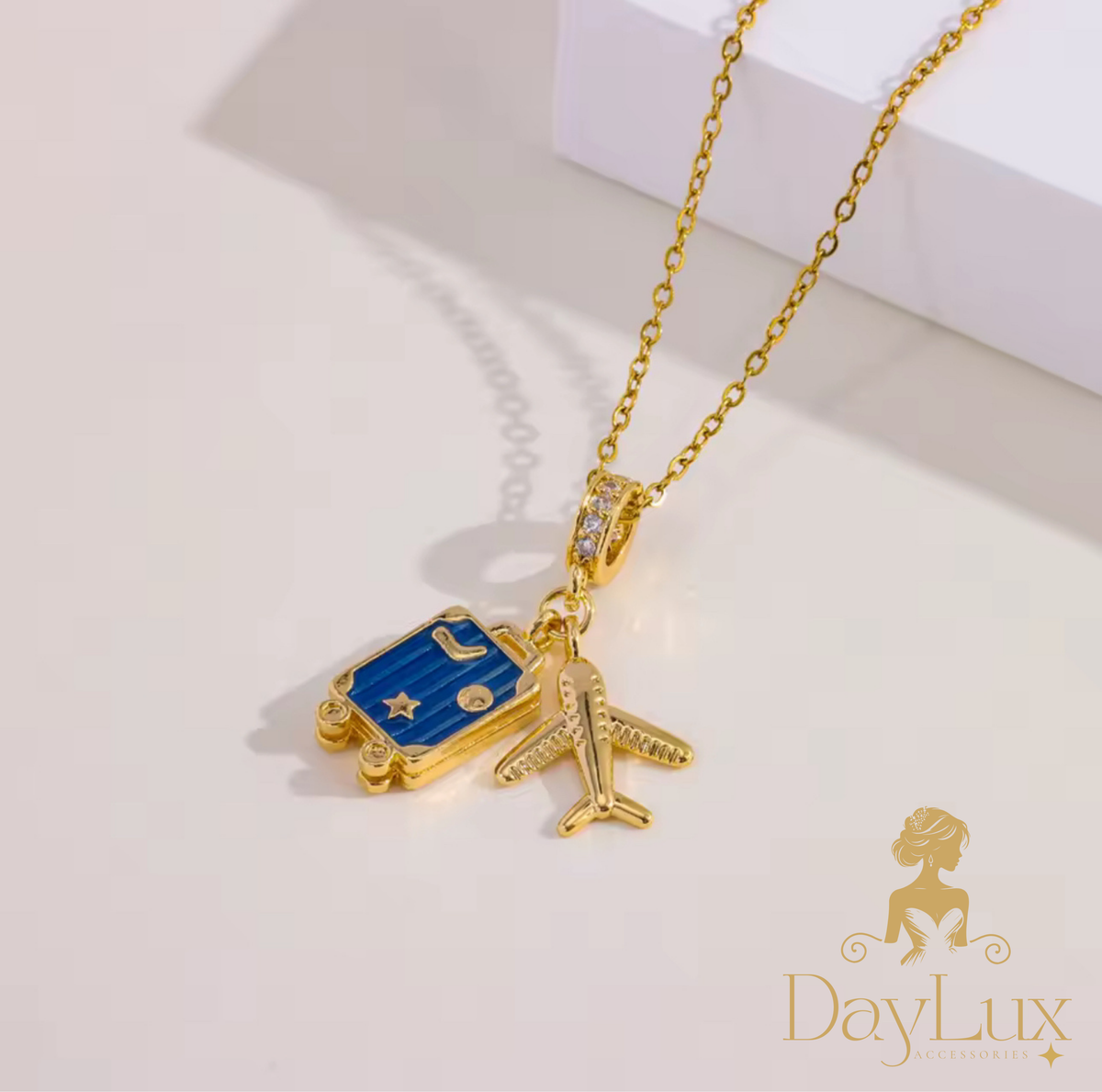 Gold Plated Airplane Charm and Suitcase Necklace