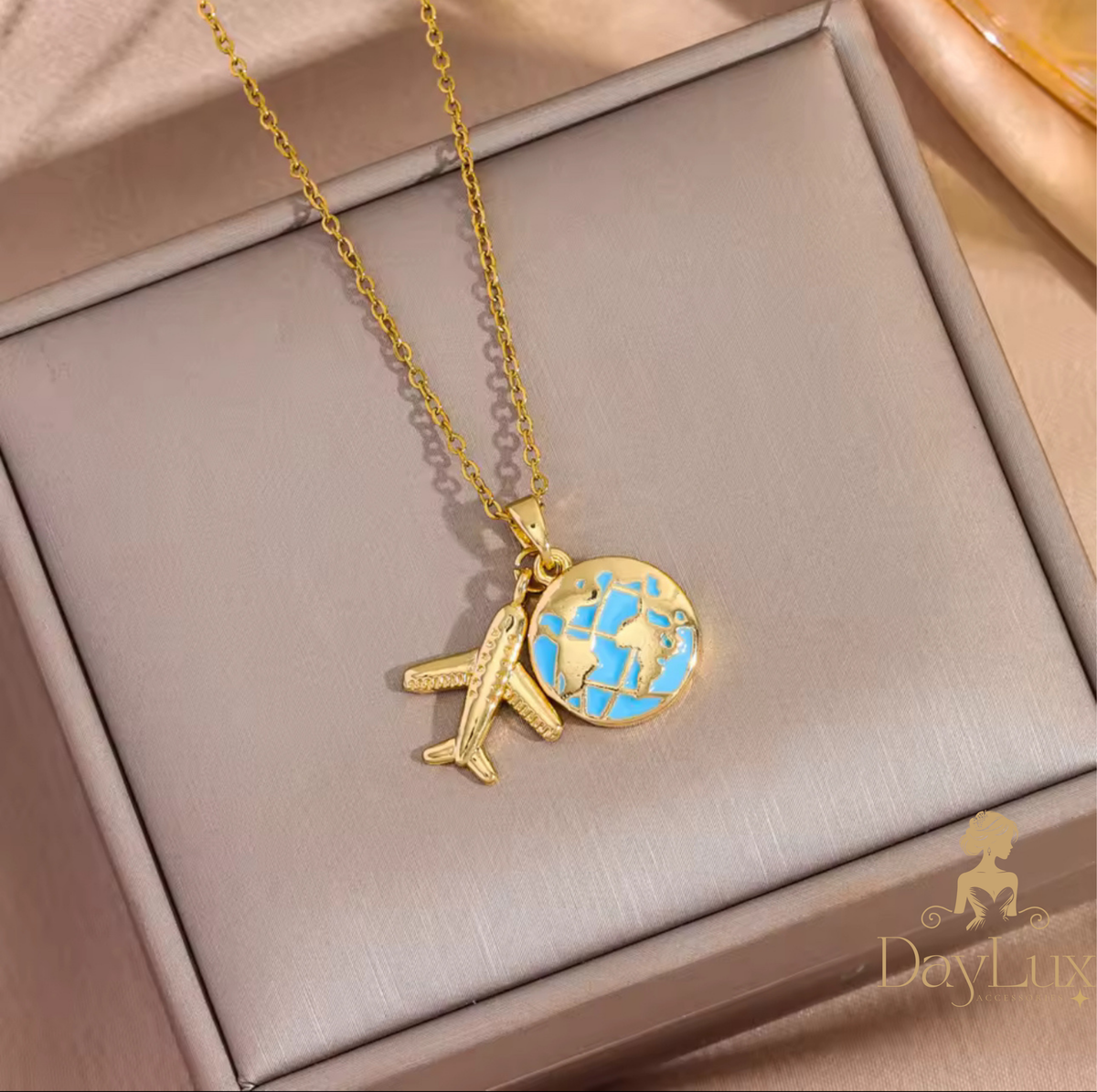 Gold-Plated Airplane and World Map Necklace
