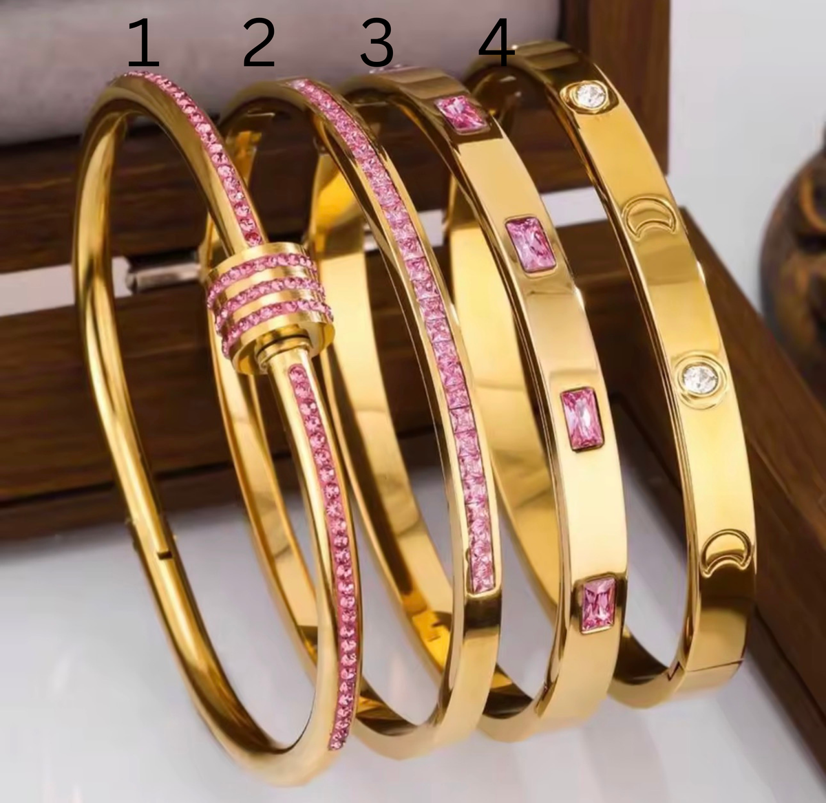 Gold Stainless Steel Bangle Bracelet with Pink Stones – Sold Individually