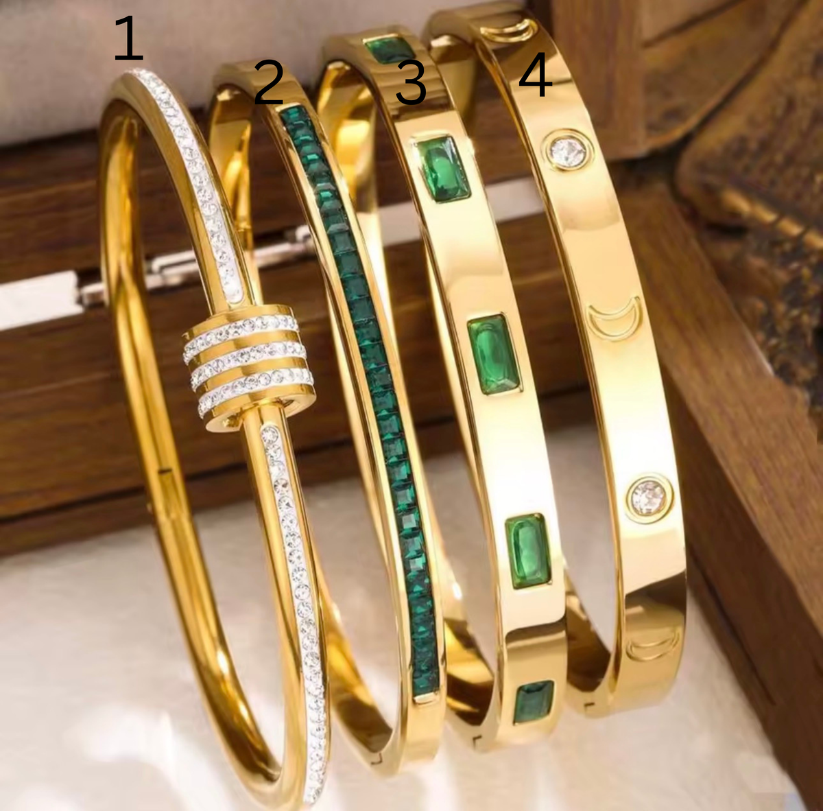 Gold Stainless Steel Bangle Bracelet – Crystal & Green Stone Collection (Sold Individually)