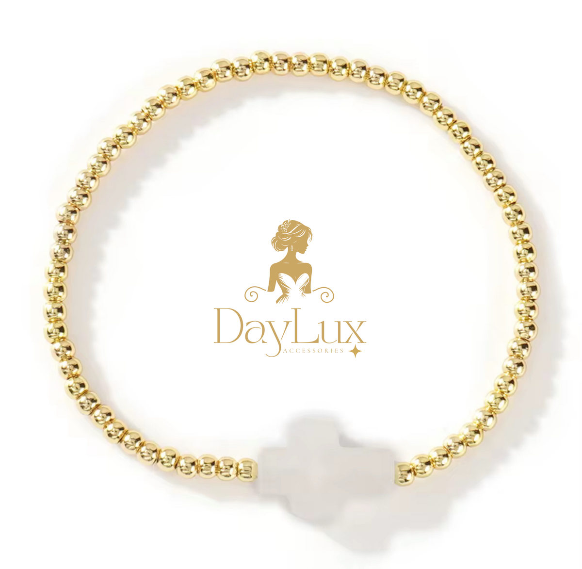 18K Gold-Plated Beaded Bracelet with Natural Stone Cross – 5 Colors Available