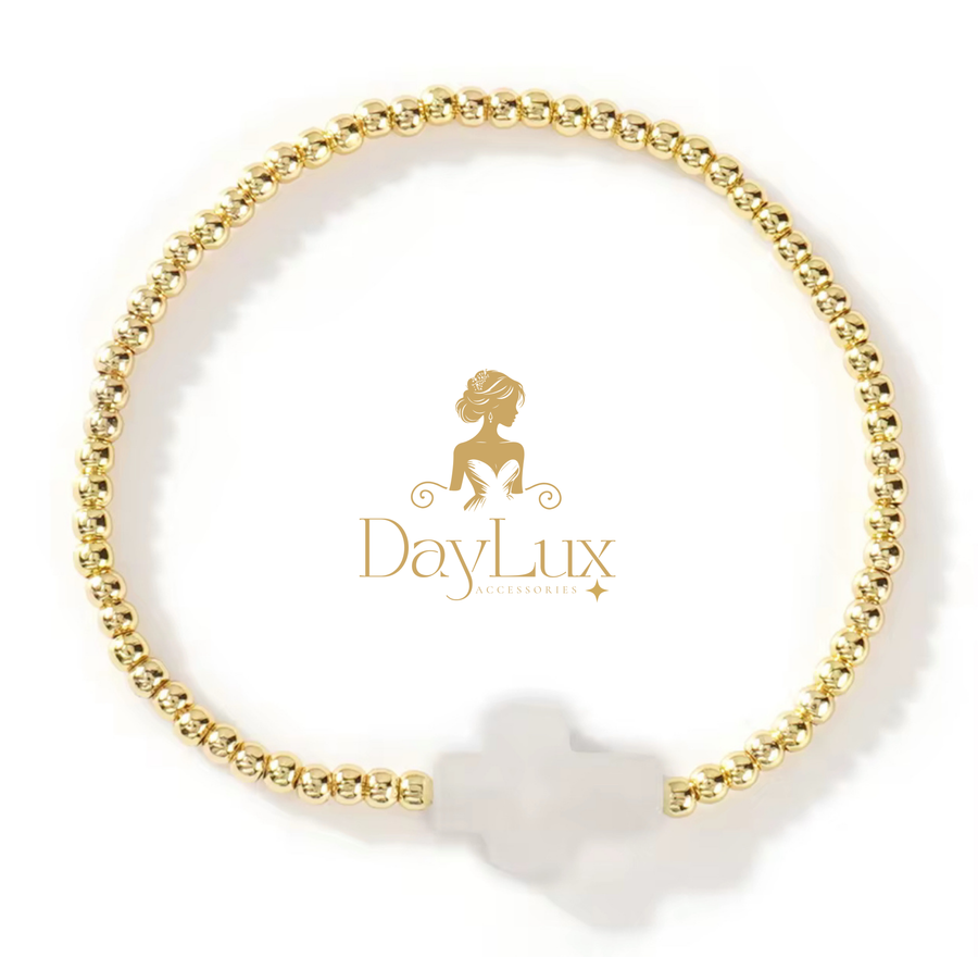 18K Gold-Plated Beaded Bracelet with Natural Stone Cross – 5 Colors Available