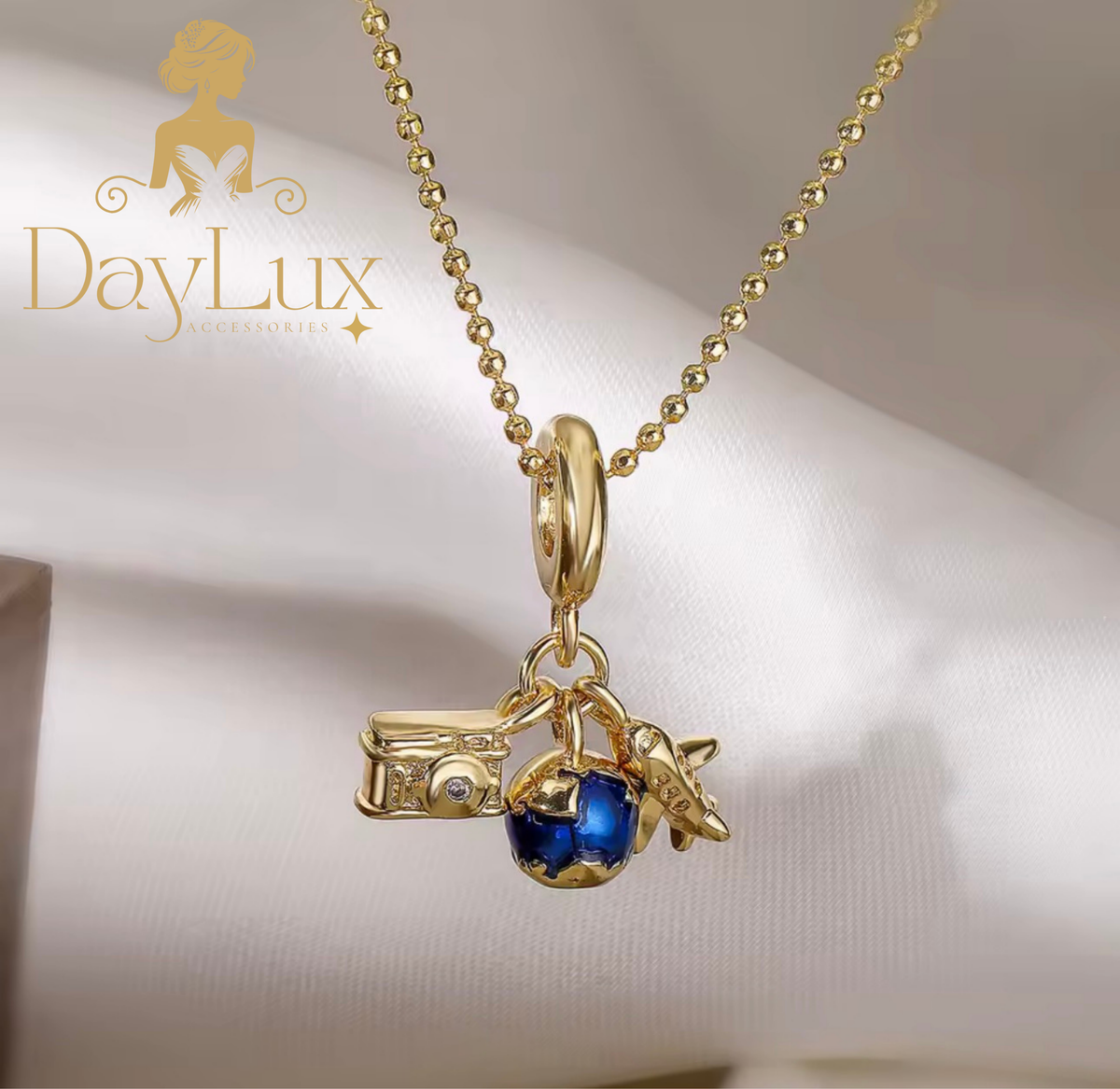 Travel Lover Charm Necklace Airplane, world globe and camera