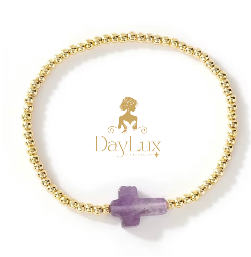 18K Gold-Plated Beaded Bracelet with Natural Stone Cross – 5 Colors Available