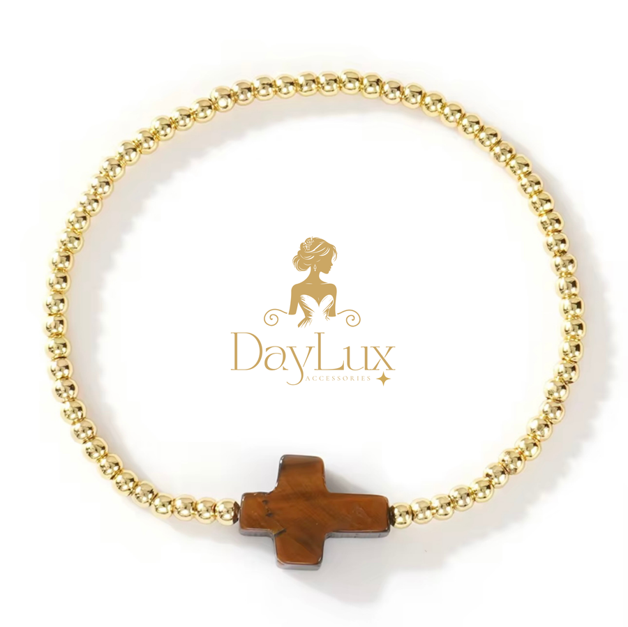 18K Gold-Plated Beaded Bracelet with Natural Stone Cross – 5 Colors Available