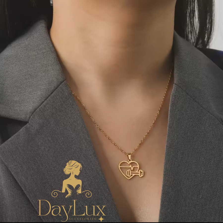 Heart & Dumbbell Fitness Necklace – Gold Stainless Steel