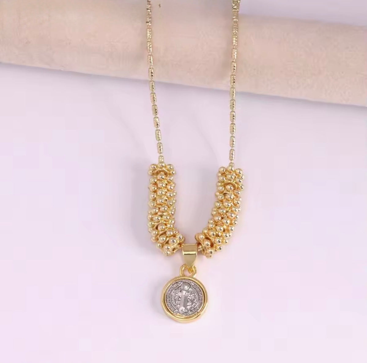 18K Gold Plated Saint Benedict Medal Necklace 2 Tone Catholic Necklace Beaded Chain Gold or Silver