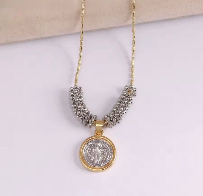 18K Gold Plated Saint Benedict Medal Necklace 2 Tone Catholic Necklace Beaded Chain Gold or Silver