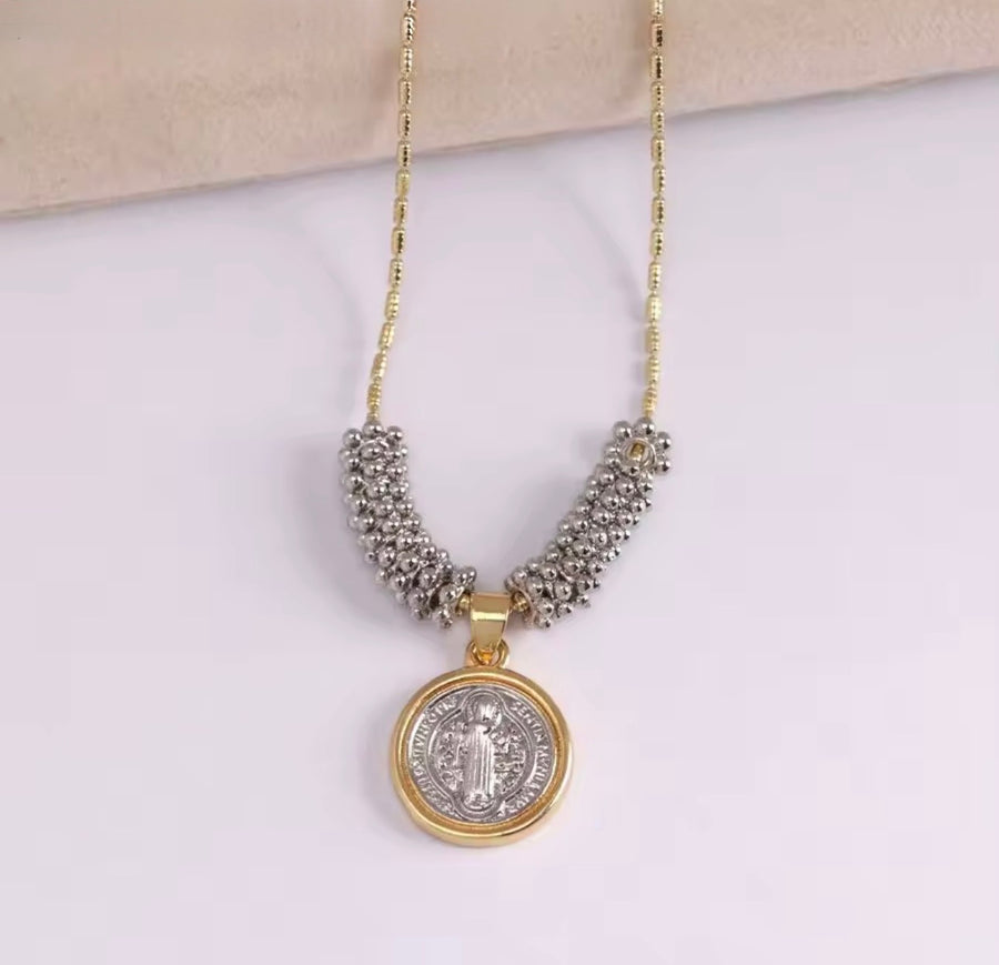 18K Gold Plated Saint Benedict Medal Necklace 2 Tone Catholic Necklace Beaded Chain Gold or Silver