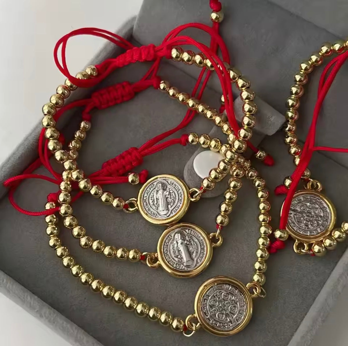 Saint Benedict Red String Bracelet Adjustable 18K Gold Plated Two Tone Catholic Bracelet