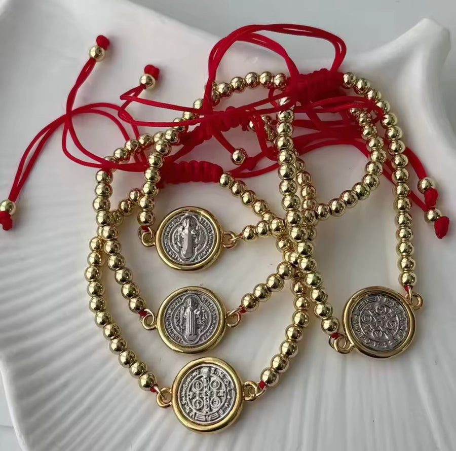 Saint Benedict Red String Bracelet Adjustable 18K Gold Plated Two Tone Catholic Bracelet