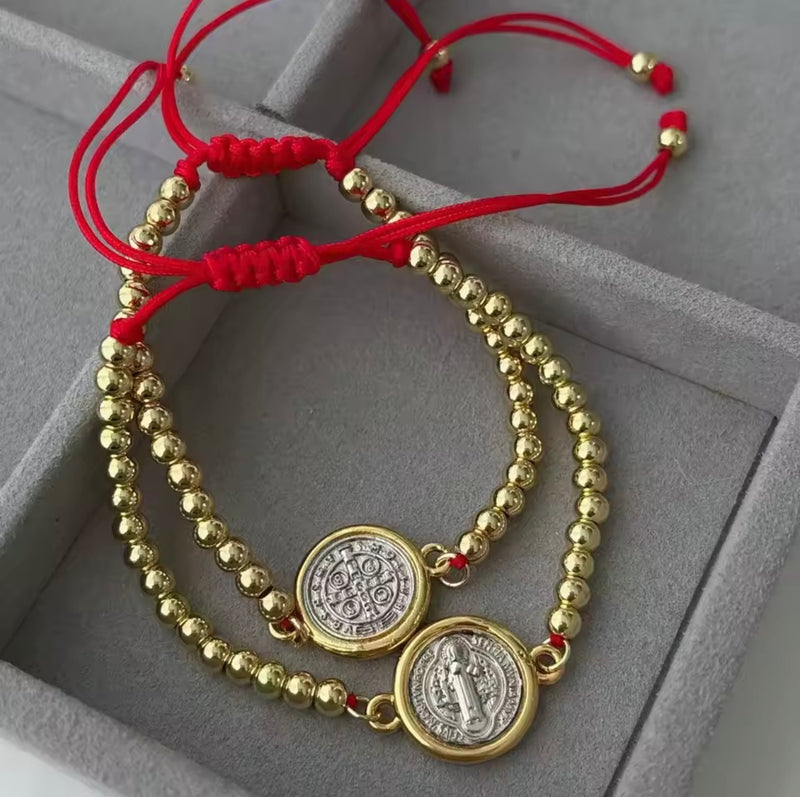 Saint Benedict Red String Bracelet Adjustable 18K Gold Plated Two Tone Catholic Bracelet