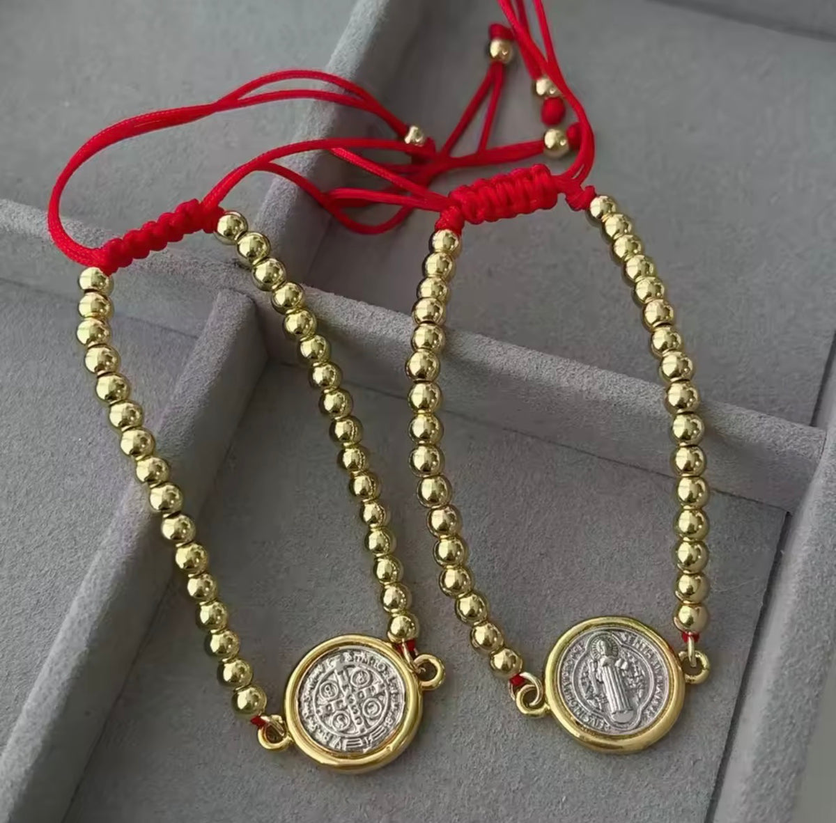 Saint Benedict Red String Bracelet Adjustable 18K Gold Plated Two Tone Catholic Bracelet
