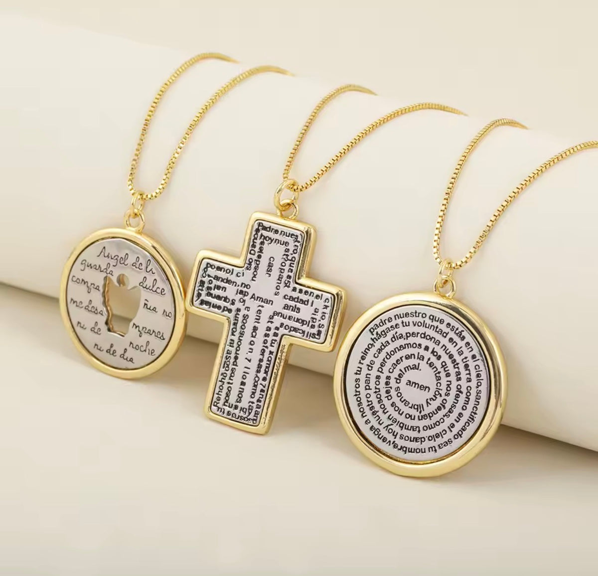18K Gold Plated 2 Tone Religious Necklace Our Father Cross Round Pendant Guardian Angel Necklace for Women