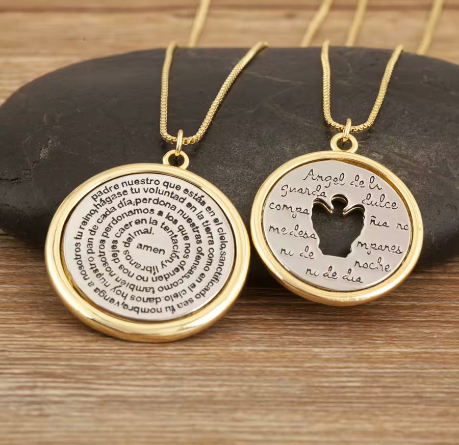 18K Gold Plated 2 Tone Religious Necklace Our Father Cross Round Pendant Guardian Angel Necklace for Women