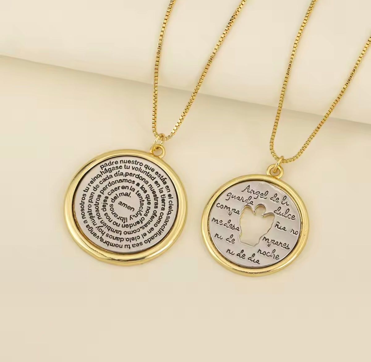18K Gold Plated 2 Tone Religious Necklace Our Father Cross Round Pendant Guardian Angel Necklace for Women