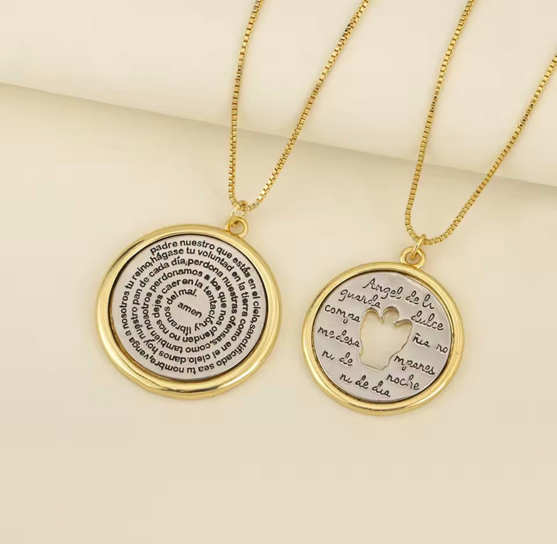 18K Gold Plated 2 Tone Religious Necklace Our Father Cross Round Pendant Guardian Angel Necklace for Women