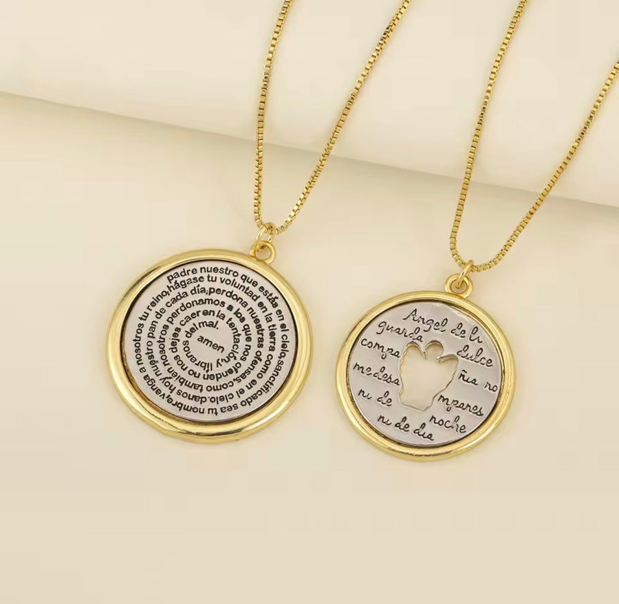 18K Gold Plated 2 Tone Religious Necklace Our Father Cross Round Pendant Guardian Angel Necklace for Women