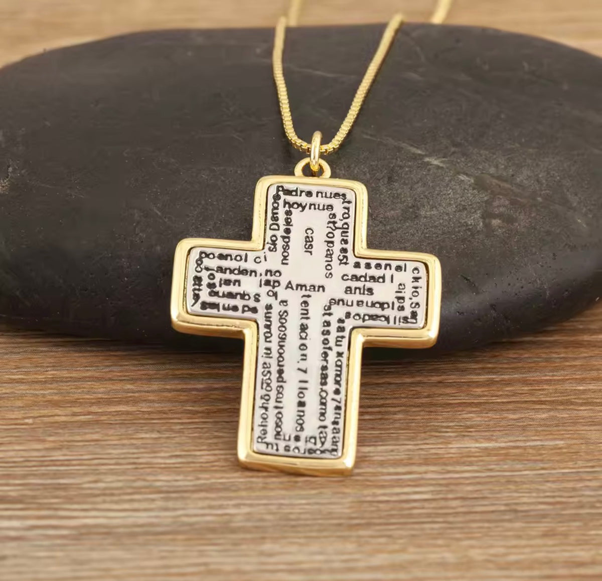 18K Gold Plated 2 Tone Religious Necklace Our Father Cross Round Pendant Guardian Angel Necklace for Women