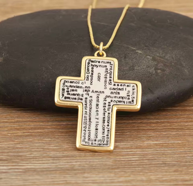 18K Gold Plated 2 Tone Religious Necklace Our Father Cross Round Pendant Guardian Angel Necklace for Women