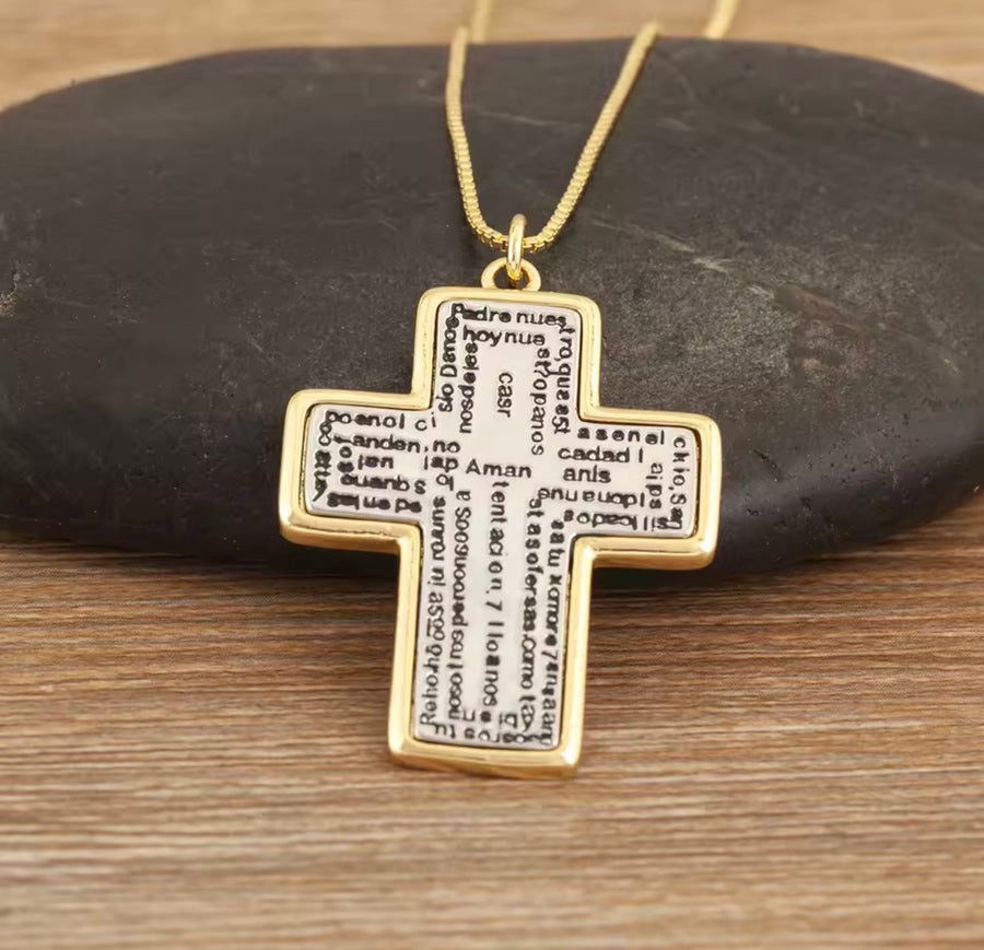 18K Gold Plated 2 Tone Religious Necklace Our Father Cross Round Pendant Guardian Angel Necklace for Women