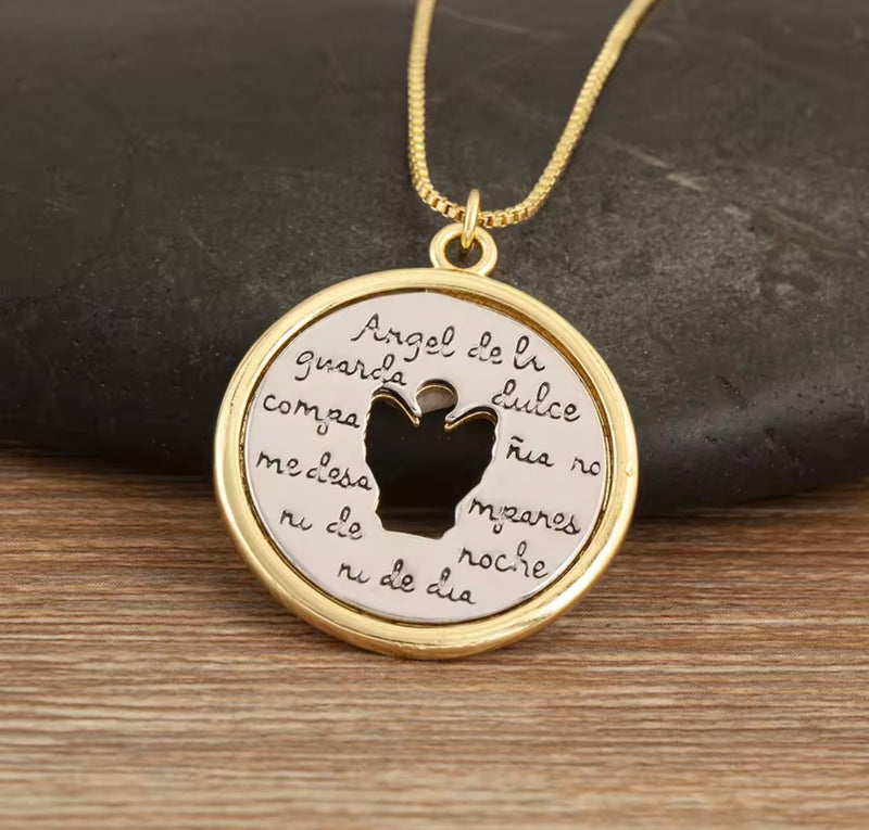 18K Gold Plated 2 Tone Religious Necklace Our Father Cross Round Pendant Guardian Angel Necklace for Women