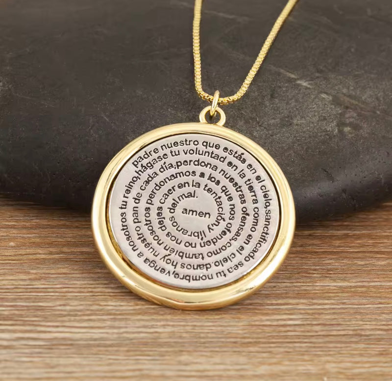 18K Gold Plated 2 Tone Religious Necklace Our Father Cross Round Pendant Guardian Angel Necklace for Women