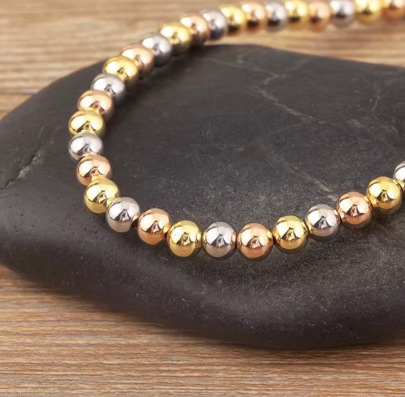 Three-Tone Beaded Necklace & Bracelet Collection – 4mm, 6mm & 8mm | 18K Gold Plated