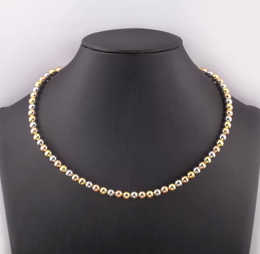 Three-Tone Beaded Necklace & Bracelet Collection – 4mm, 6mm & 8mm | 18K Gold Plated