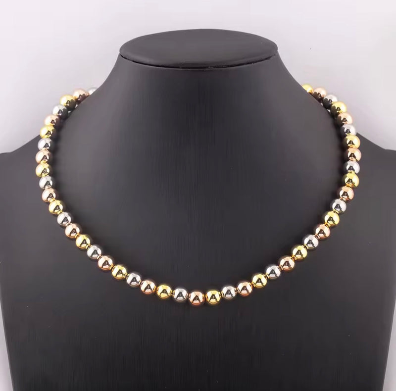 Three-Tone Beaded Necklace & Bracelet Collection – 4mm, 6mm & 8mm | 18K Gold Plated