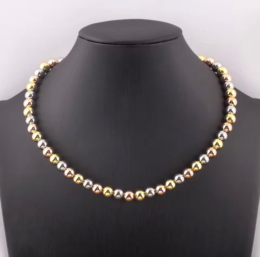 Three-Tone Beaded Necklace & Bracelet Collection – 4mm, 6mm & 8mm | 18K Gold Plated