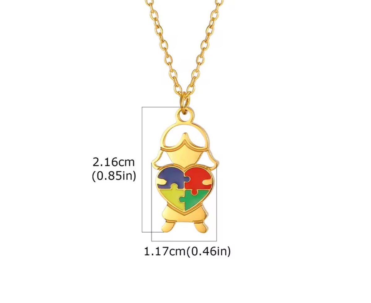 Stainless Steel Autism Awareness Boy & Girl Charm Necklace Puzzle Heart Pendant Jewelry