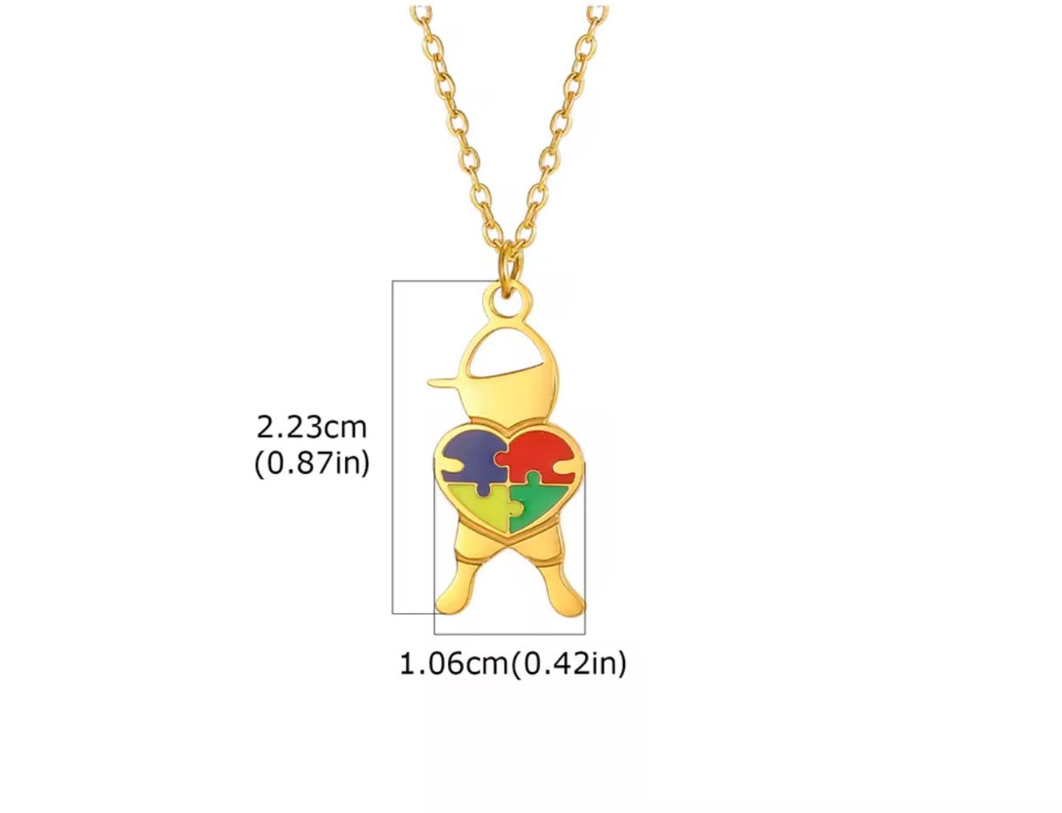 Stainless Steel Autism Awareness Boy & Girl Charm Necklace Puzzle Heart Pendant Jewelry