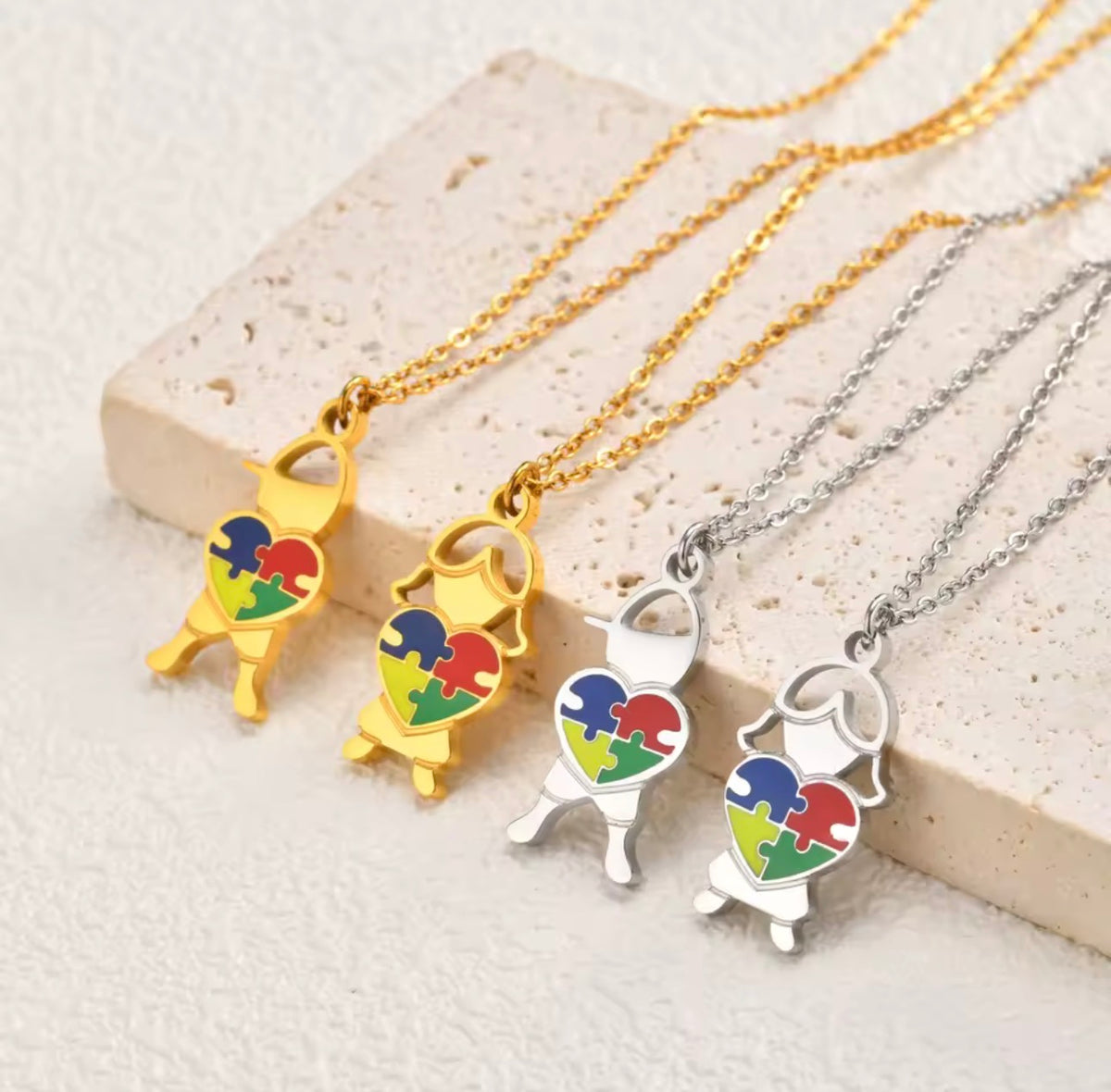 Stainless Steel Autism Awareness Boy & Girl Charm Necklace Puzzle Heart Pendant Jewelry