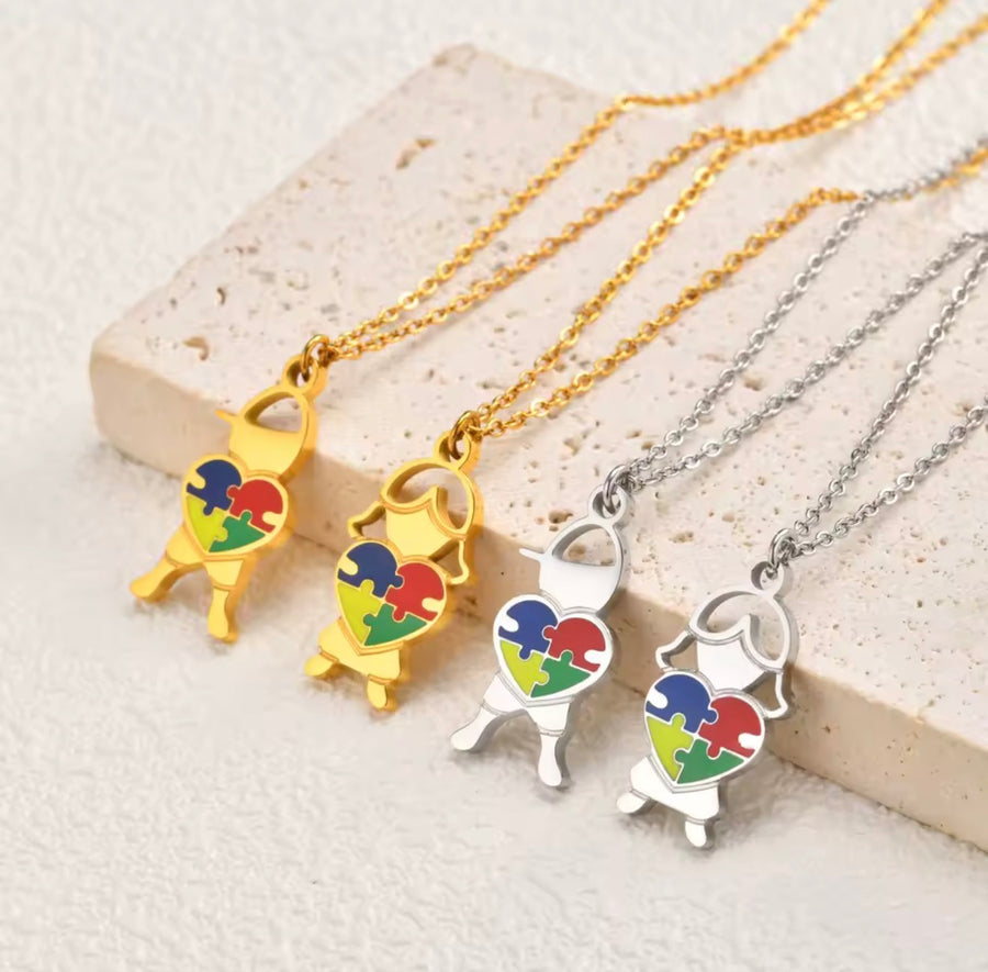 Stainless Steel Autism Awareness Boy & Girl Charm Necklace Puzzle Heart Pendant Jewelry
