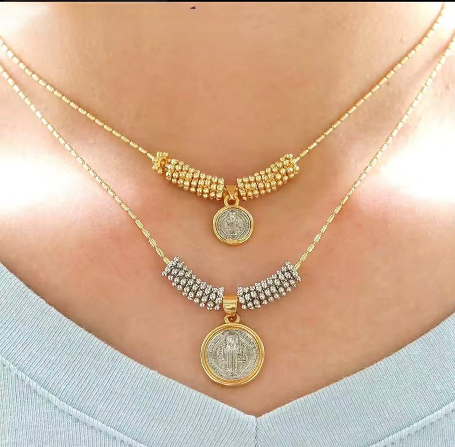 18K Gold Plated Saint Benedict Medal Necklace 2 Tone Catholic Necklace Beaded Chain Gold or Silver