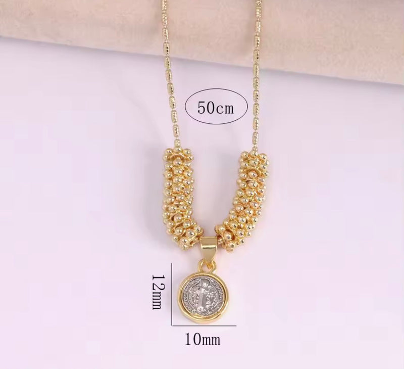 18K Gold Plated Saint Benedict Medal Necklace 2 Tone Catholic Necklace Beaded Chain Gold or Silver