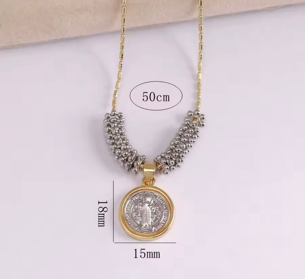 18K Gold Plated Saint Benedict Medal Necklace 2 Tone Catholic Necklace Beaded Chain Gold or Silver