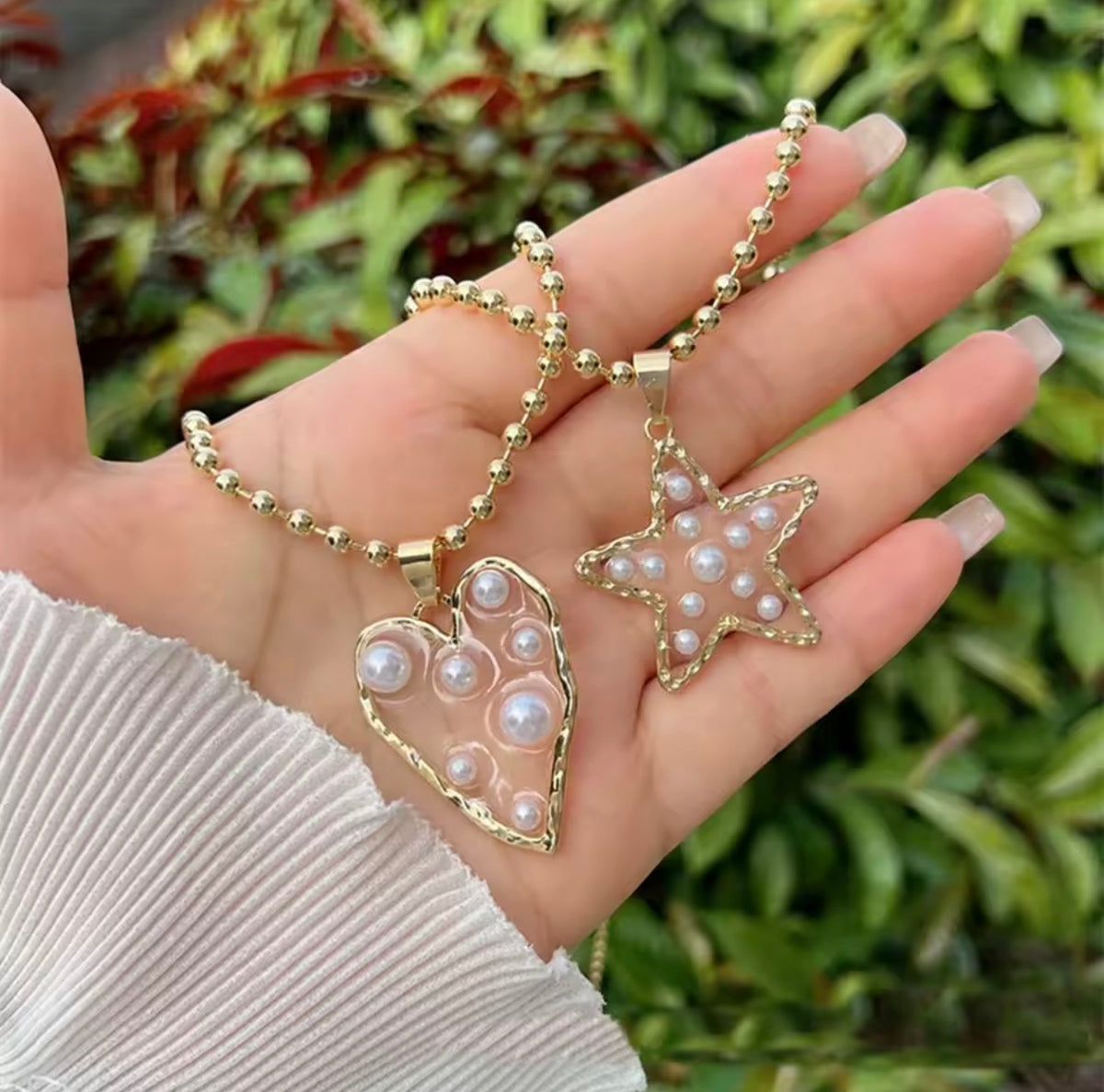 Pearl Heart and Star Charm Necklace – 18K Gold Plated