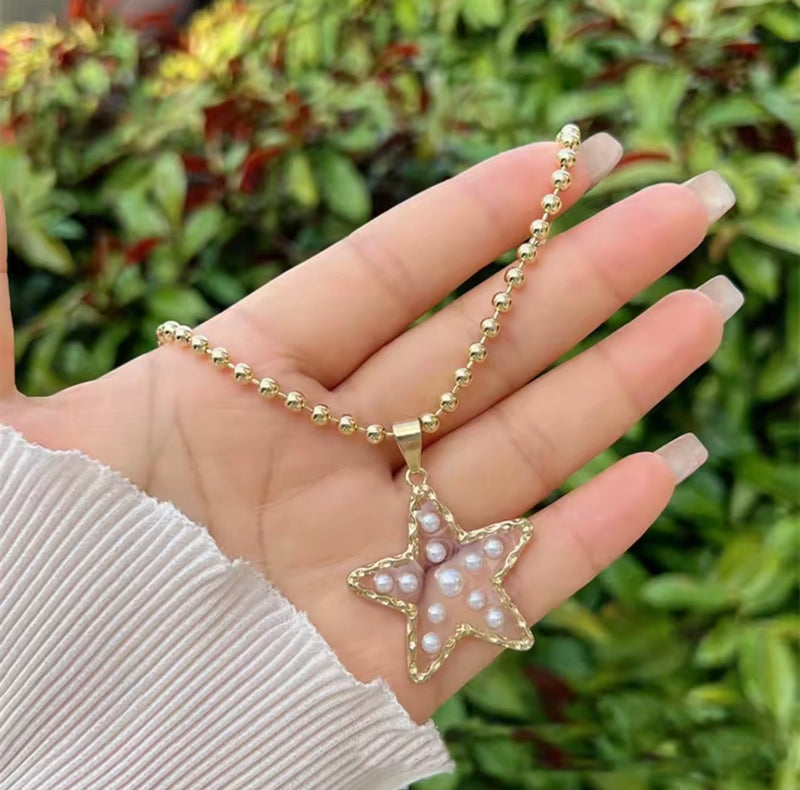 Pearl Heart and Star Charm Necklace – 18K Gold Plated