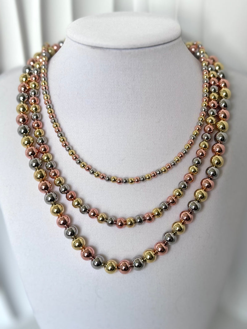 Three-tone beaded necklace with gold silver-tone and rose gold-tone round beads available in 4mm 6mm and 8mm sizes