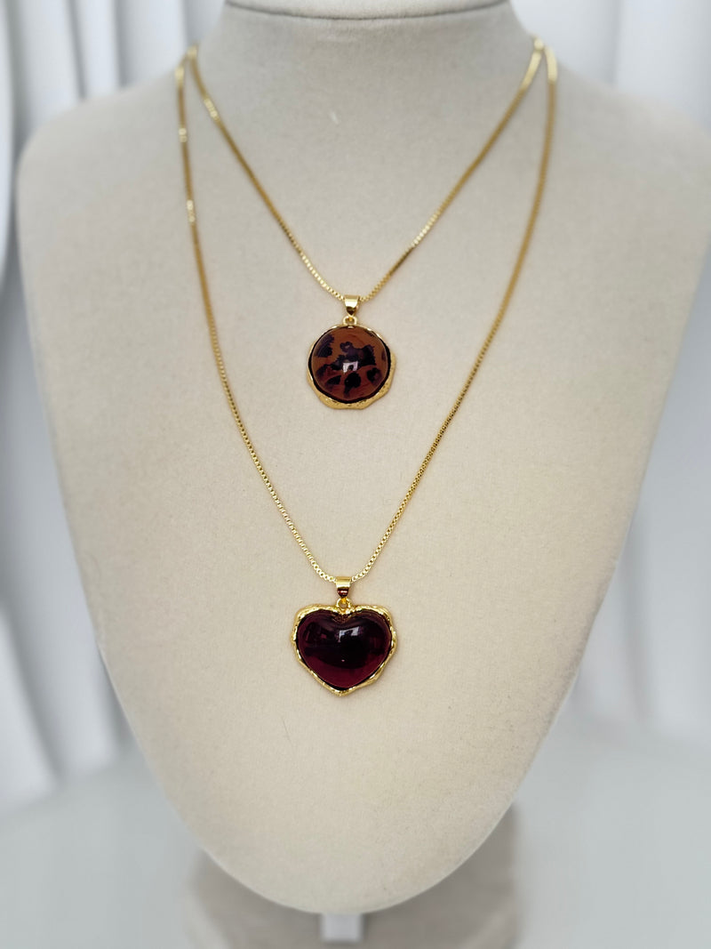 Brown Heart and circle charm Necklace – 18K Gold Plated