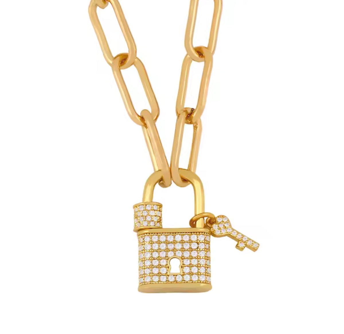 Gold Plated Lock Pendant Necklace Paperclip Chain CZ Lock Charm Necklace for Women