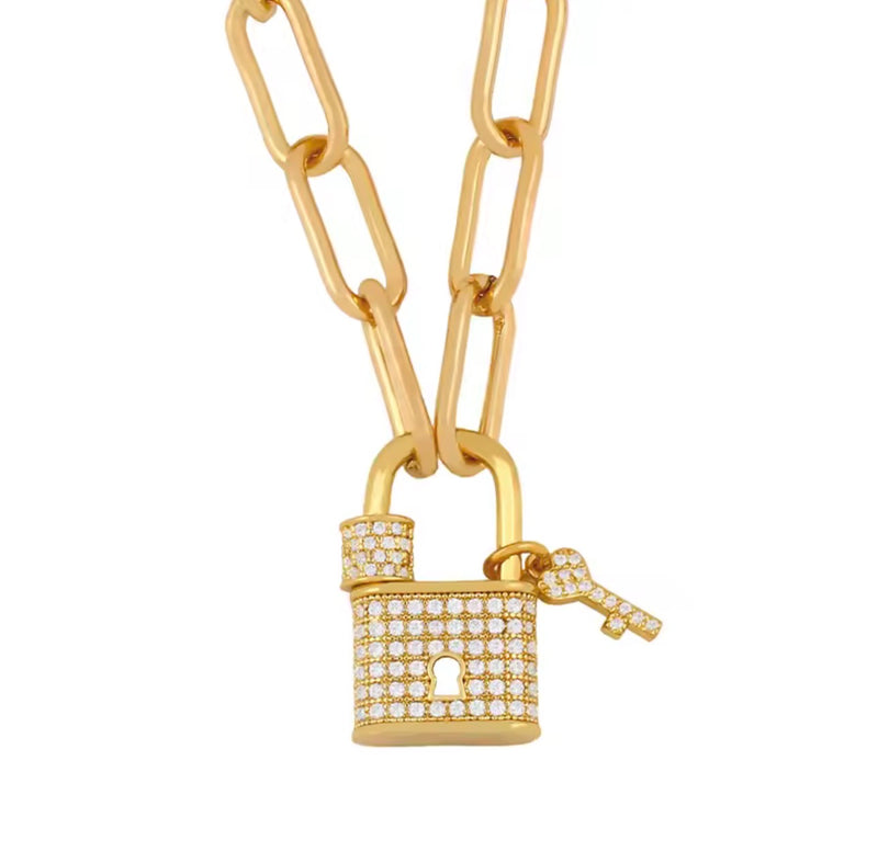 Gold Plated Lock Pendant Necklace Paperclip Chain CZ Lock Charm Necklace for Women