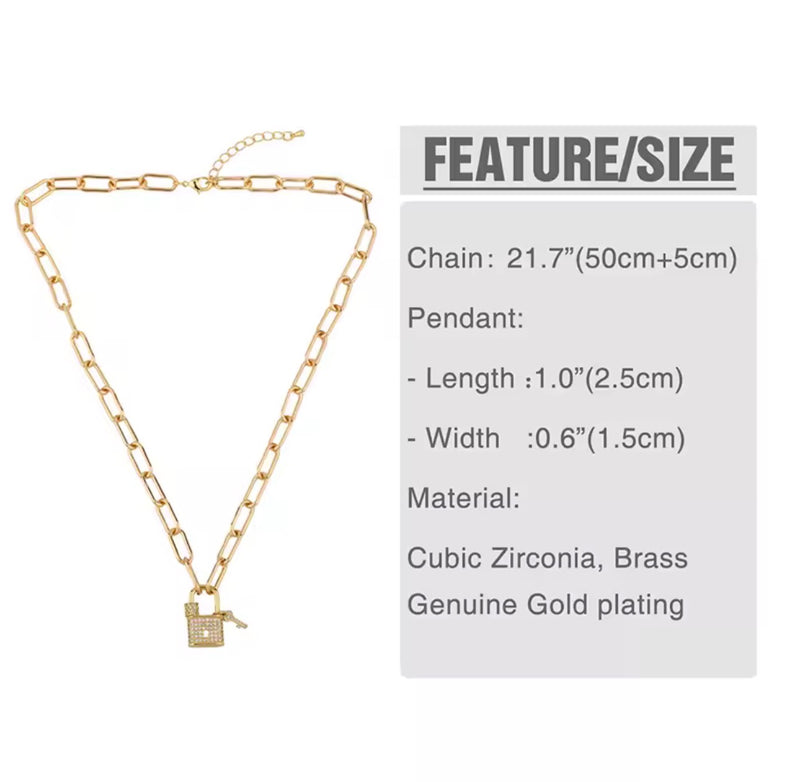 Gold Plated Lock Pendant Necklace Paperclip Chain CZ Lock Charm Necklace for Women