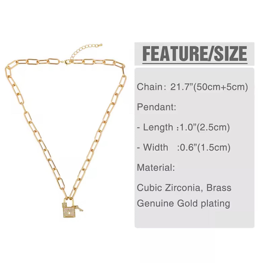 Gold Plated Lock Pendant Necklace Paperclip Chain CZ Lock Charm Necklace for Women