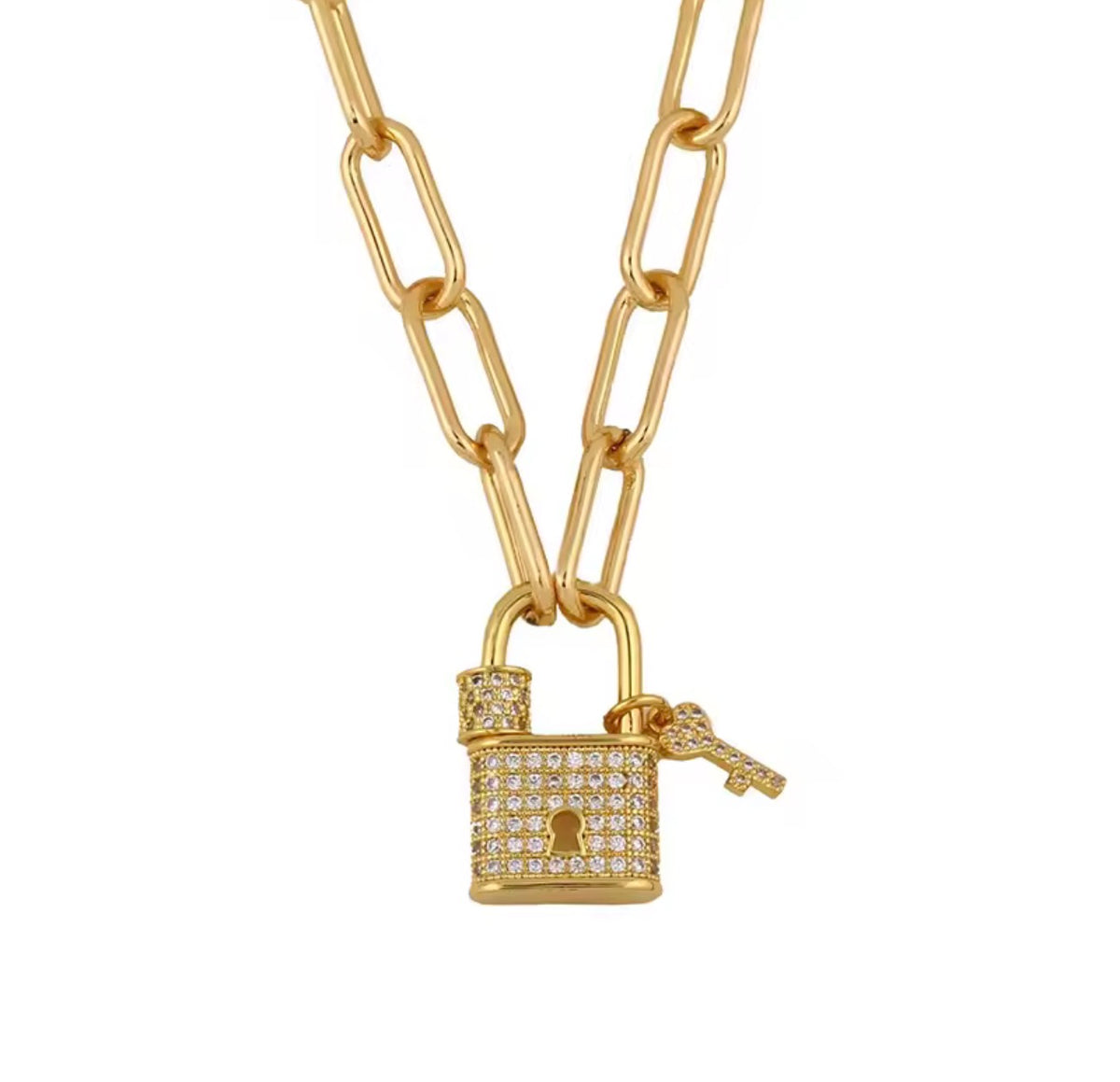 Gold Plated Lock Pendant Necklace Paperclip Chain CZ Lock Charm Necklace for Women
