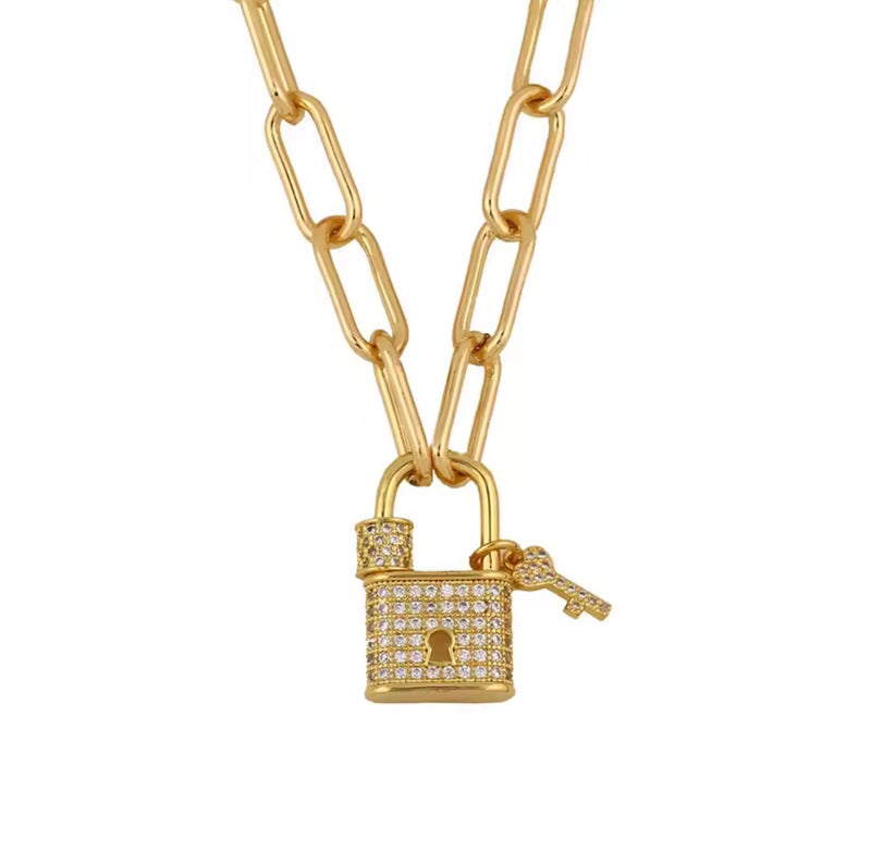 Gold Plated Lock Pendant Necklace Paperclip Chain CZ Lock Charm Necklace for Women